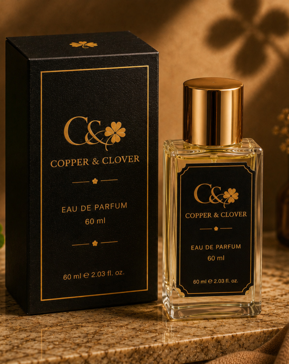 An expression of quiet luxury and timeless elegance, Copper & Clover Eau de Parfum is presented in a refined glass bottle paired with an intricately textured black and copper-gold box. Designed for those who appreciate sophistication in every detail, its distinctive presentation makes it an elegant addition to any fragrance collection. Perfect for: everyday luxury, festive occasions, weddings, gifting, housewarming and special celebrations.