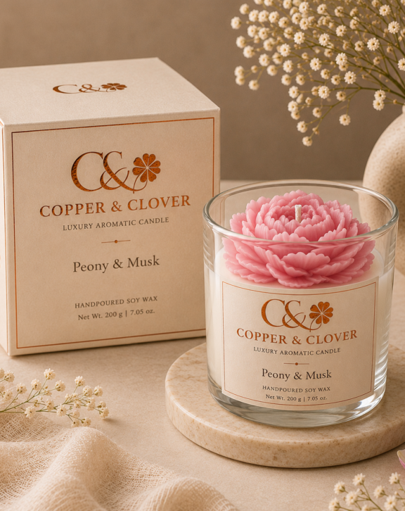 An expression of romance, softness & timeless elegance. Handcrafted with a magnificent sculpted peony in delicate pink, this luxurious soy wax candle combines intricate floral artistry with a beautifully refined aesthetic. The graceful bloom creates an atmosphere of warmth, femininity and sophisticated charm. Perfect for romantic occasions, elegant gifting, intimate celebrations and beautifully curated spaces. Copper & Clover Handcrafted with Love