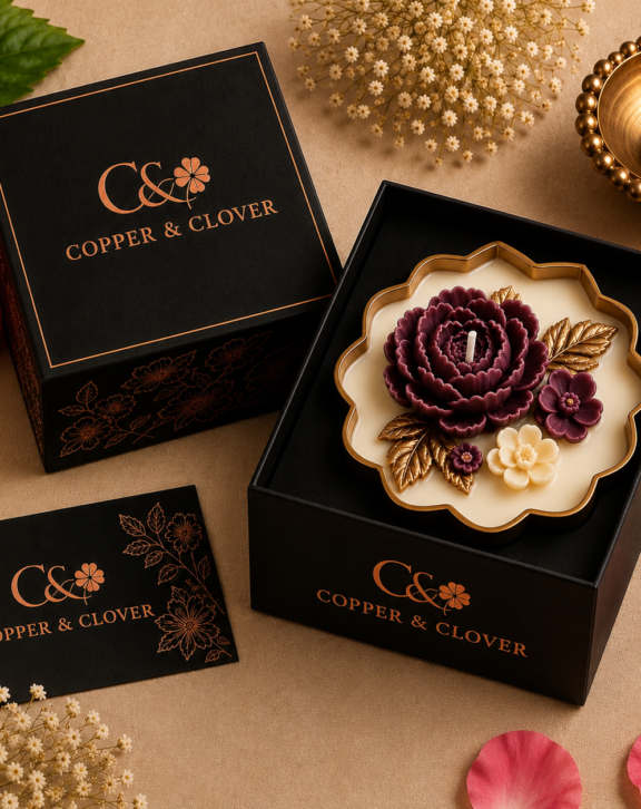 An expression of depth, warmth & refined indulgence. Handcrafted with a dramatic sculpted floral bloom in rich plum tones, this luxurious candle embodies the mysterious character of Oud Noir. Set against luminous ivory wax with elegant golden detailing, it brings together artisanal craftsmanship and a sophisticated, opulent aesthetic. Perfect for luxurious interiors, evening ambience, distinguished gifting and special occasions. Copper & Clover Handcrafted with Love
