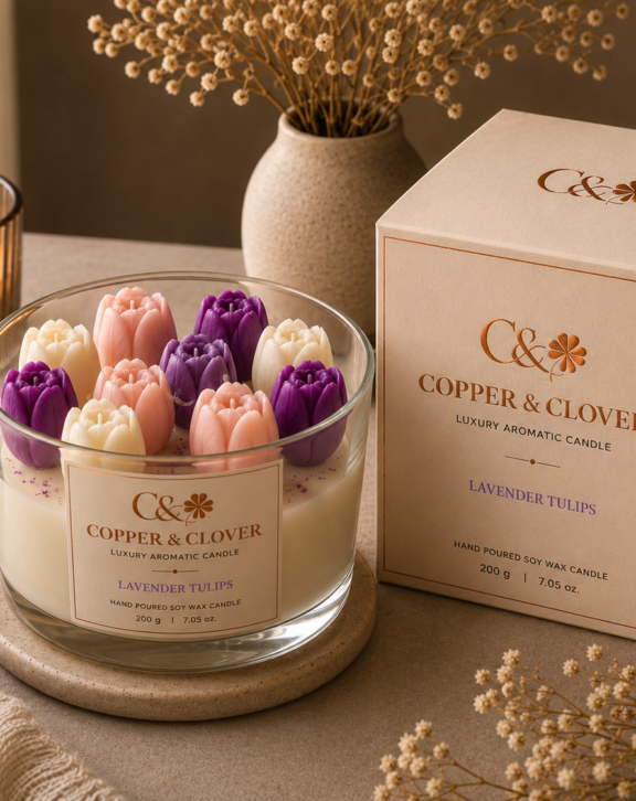 An expression of serenity, elegance & delicate beauty. Handcrafted with a refined arrangement of sculpted tulips in soft lavender, blush and ivory tones, this exquisite candle brings together graceful floral artistry and the warm glow of hand-poured soy wax. Its elegant composition creates a feeling of calm, sophistication and understated luxury. Perfect for serene interiors, thoughtful gifting, intimate celebrations and moments of quiet indulgence. Copper & Clover Handcrafted with Love